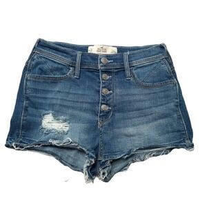 Hollister Shorts Womens 3 26 Blue Distressed Button Fly High Rise Denim Stretch